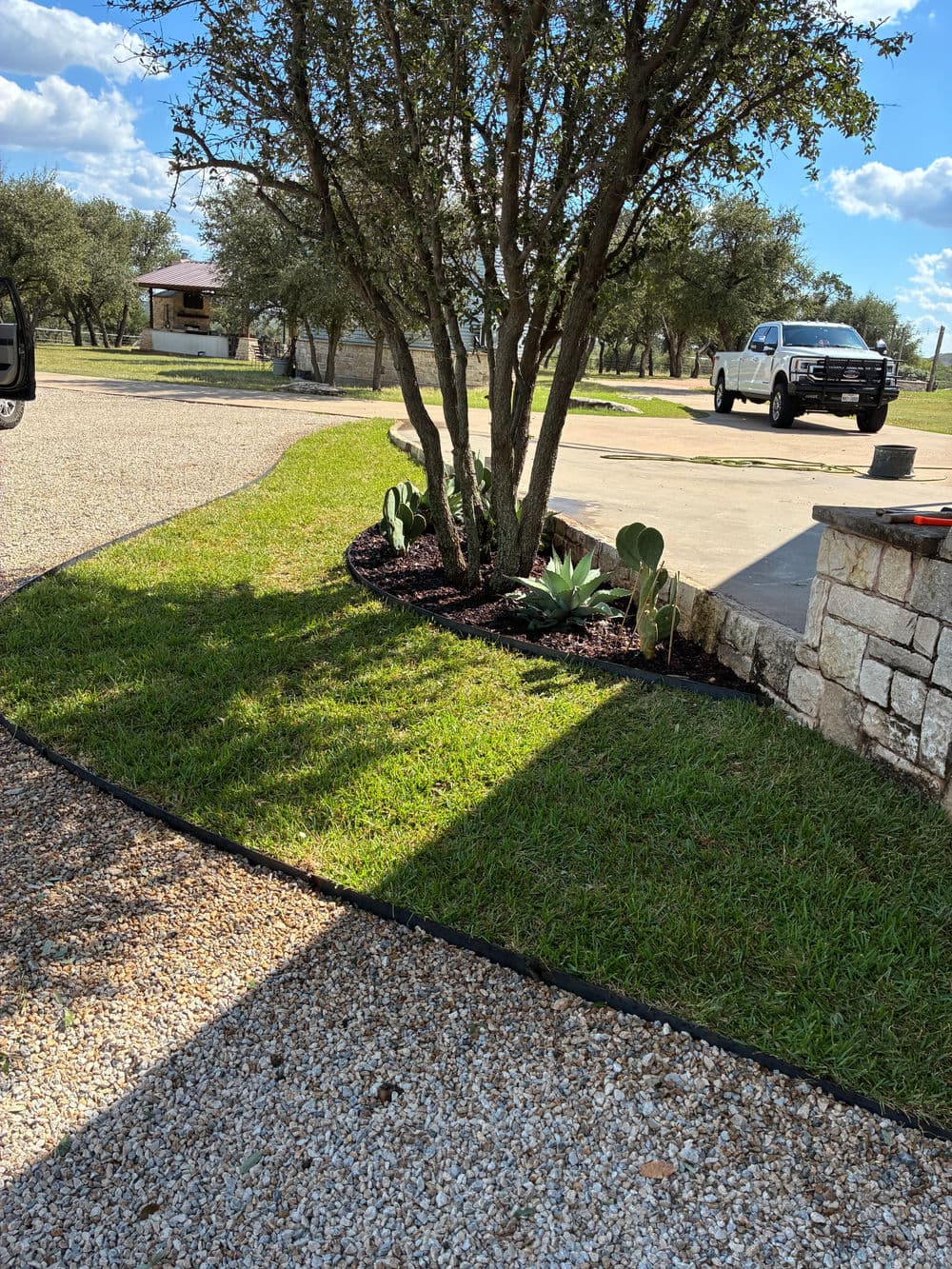 Landscaped yard with gravel driveway, cactus, and a white truck under a clear blue sky.